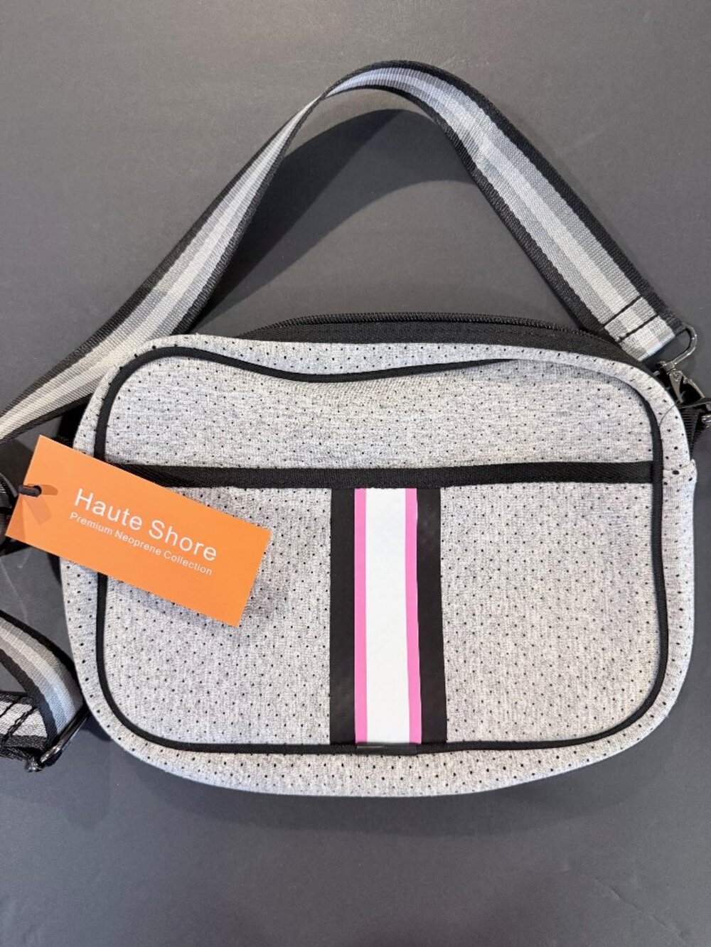 Haute Shore Drew Gray Crossbody with Pink/Black/White Stripe